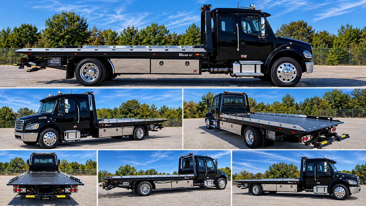 Black 2027 Freightliner M2-X rollback tow truck with Vulcan 12 Series Right Approach carrier and blade rails for sale at Stephens Truck Center