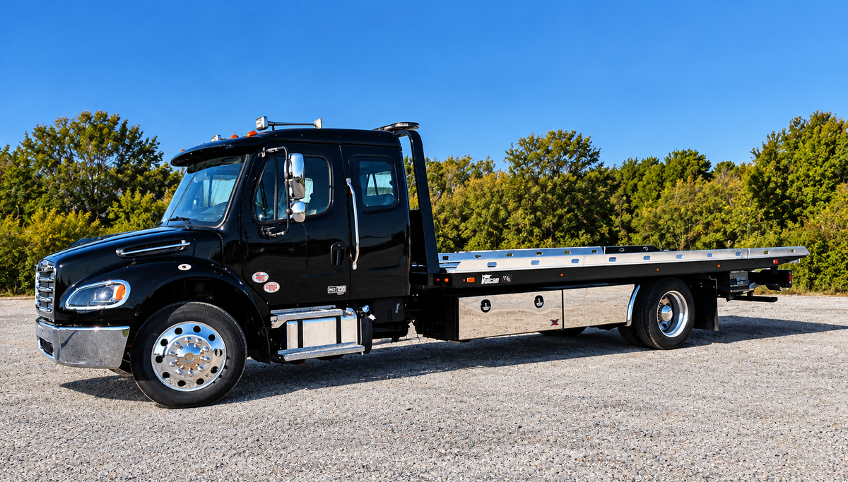 Black 2027 Freightliner M2-X rollback tow truck with Vulcan 12 Series Right Approach carrier and blade rails for sale at Stephens Truck Center