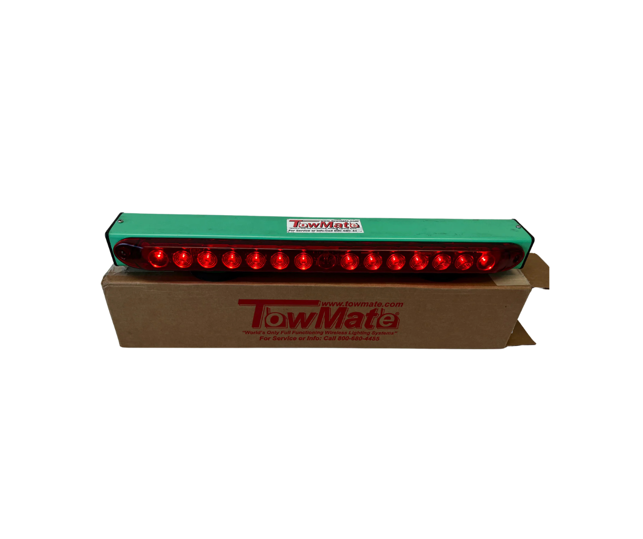 TowMate trailer light bar on a cardboard box with a white background